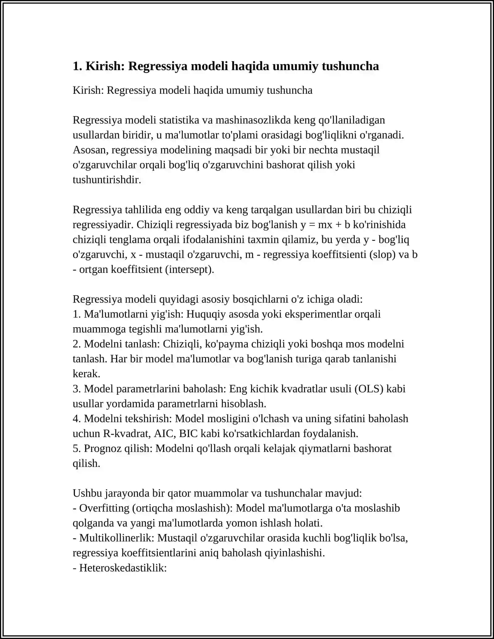 REGRESSION MODELLARI MUSTAQIL ISH TAYORLASH PDF SHAKLIDA 4