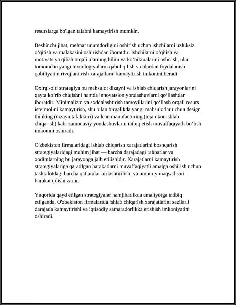 O'ZBEKISTON FIRMALARIDA ISHLAR CHIQARISH HARAJATLARNI BOSHQARISH STRATEGIYALARI 4