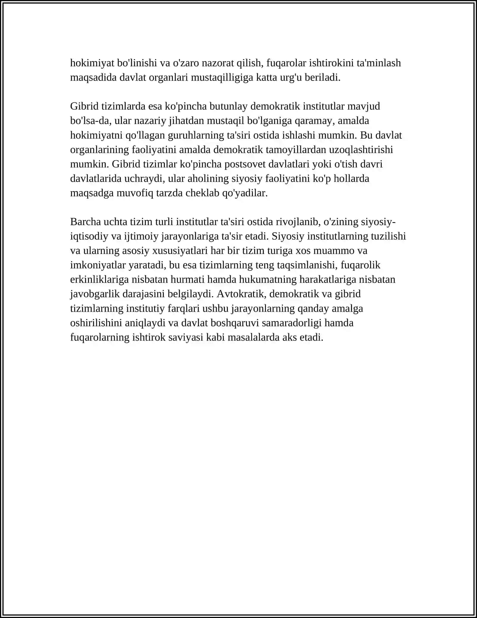 SIYOSIY TIZIMLARNING QIYOSIY TAHLILI: AVTOKRATIK, DEMOKRATIYA VA GIBRID MODELLAR 4