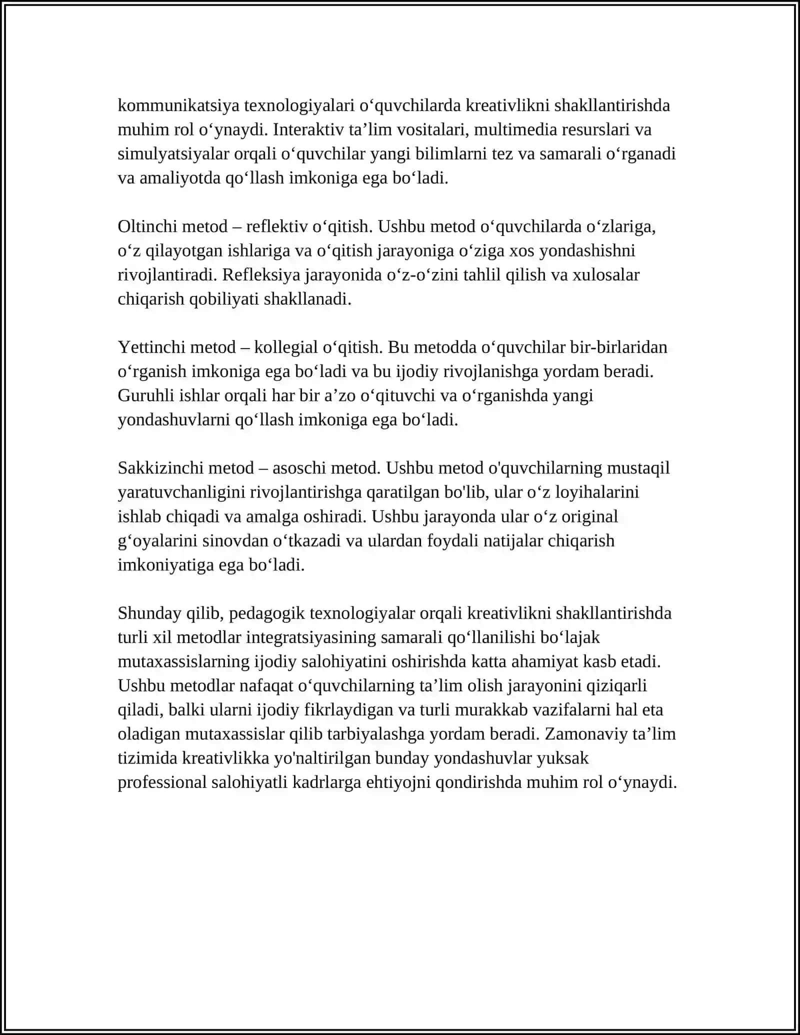 BO‘LAJAK MUTAXASSISLARDA KREATIVLIKNI SHAKLLANTIRISH YO'NALISHLARI 4