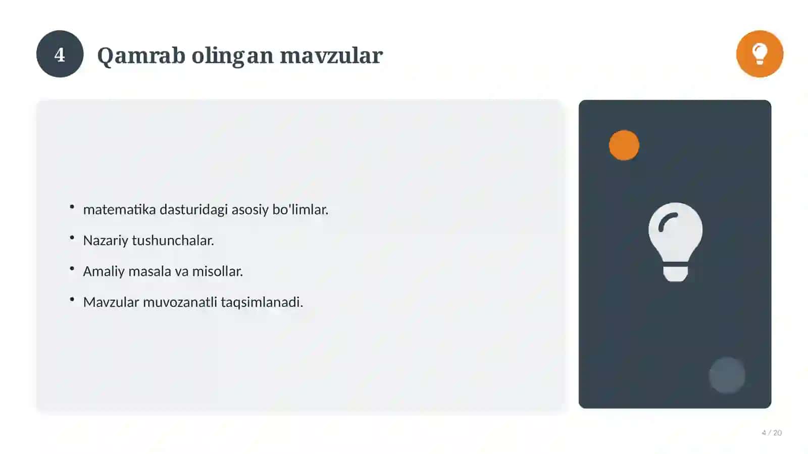 Matematika fanidan 10-sinf: test savollari to'plami 4