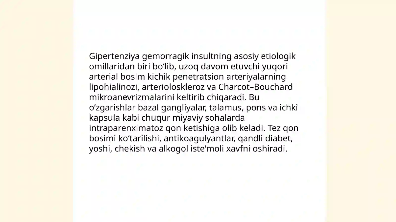 Gemorragik insult Etiologiyasi patogenezi klinikasi qiyosiy tashxislash davolash oldini olish 4