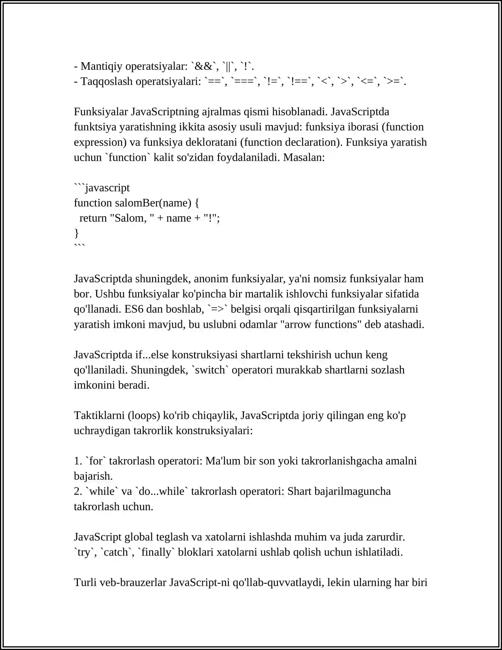 MIJOZ TOMONIDAN DASTURLASH. JAVASCRIPT TILI 4