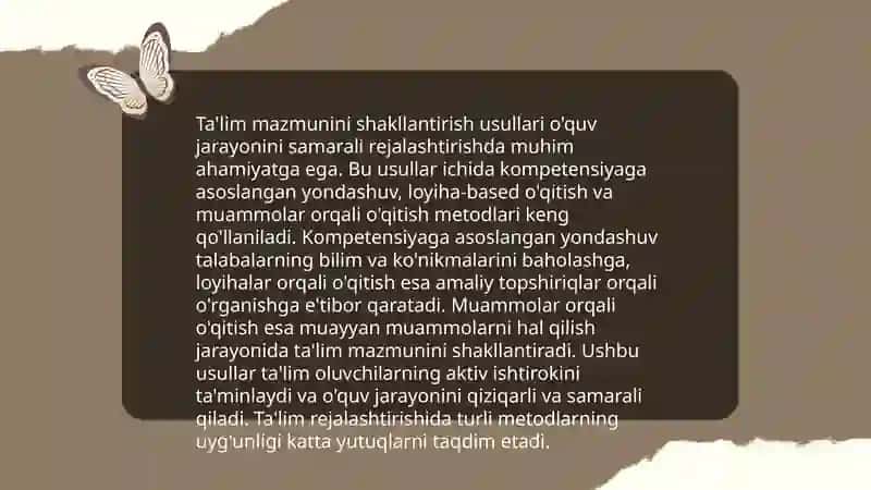 Ta'lim mazmuni ta'lim metodlari va vositalari ta'limni tahlil etish shakillari va turlari 4