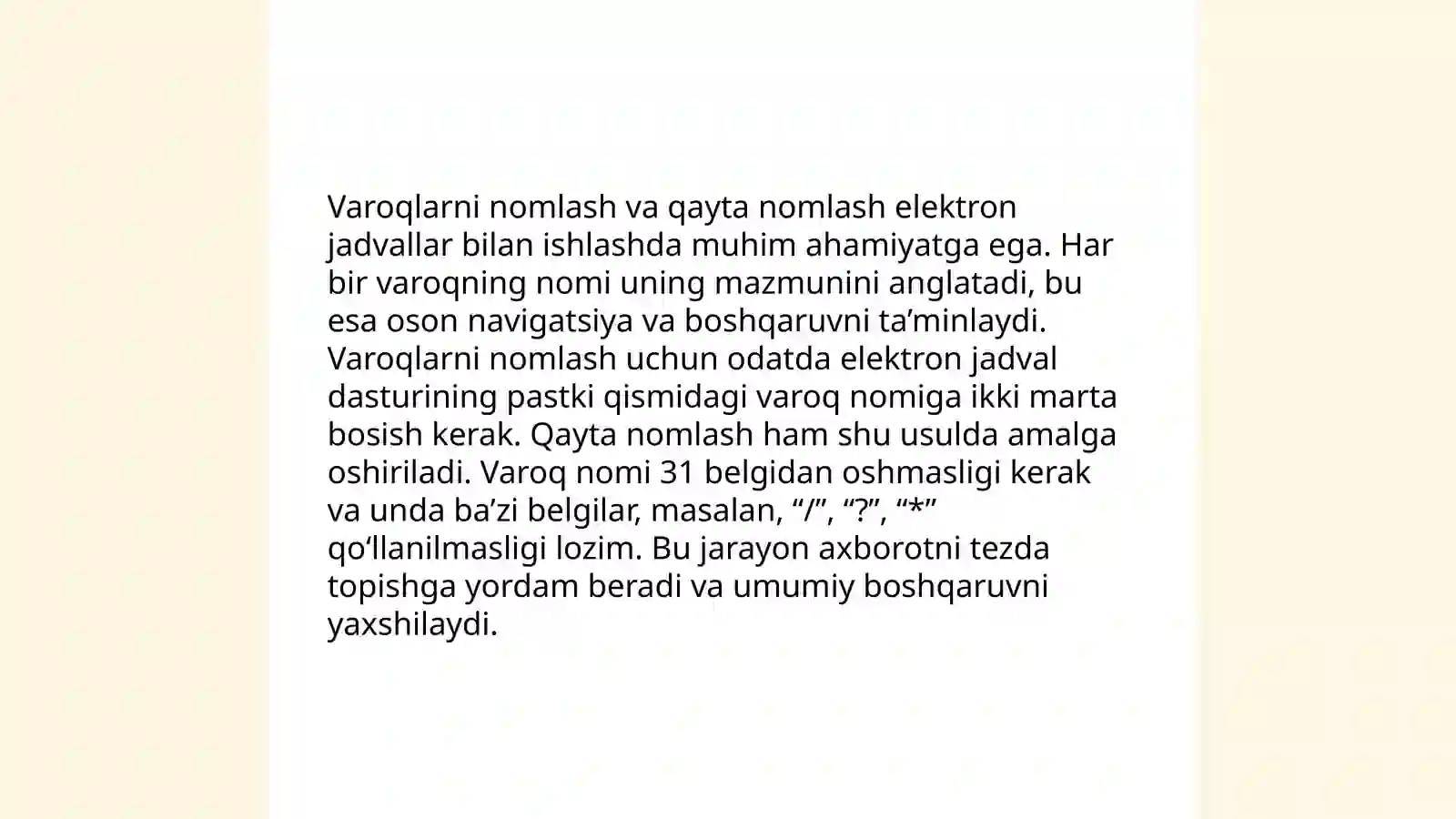 MS Excelda varoqlar bilan ishlash 4