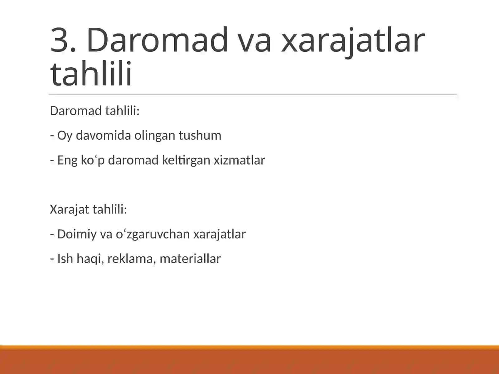 Tadbirkorlik faoliyatining 1 oylik moliyaviy tahlili 4