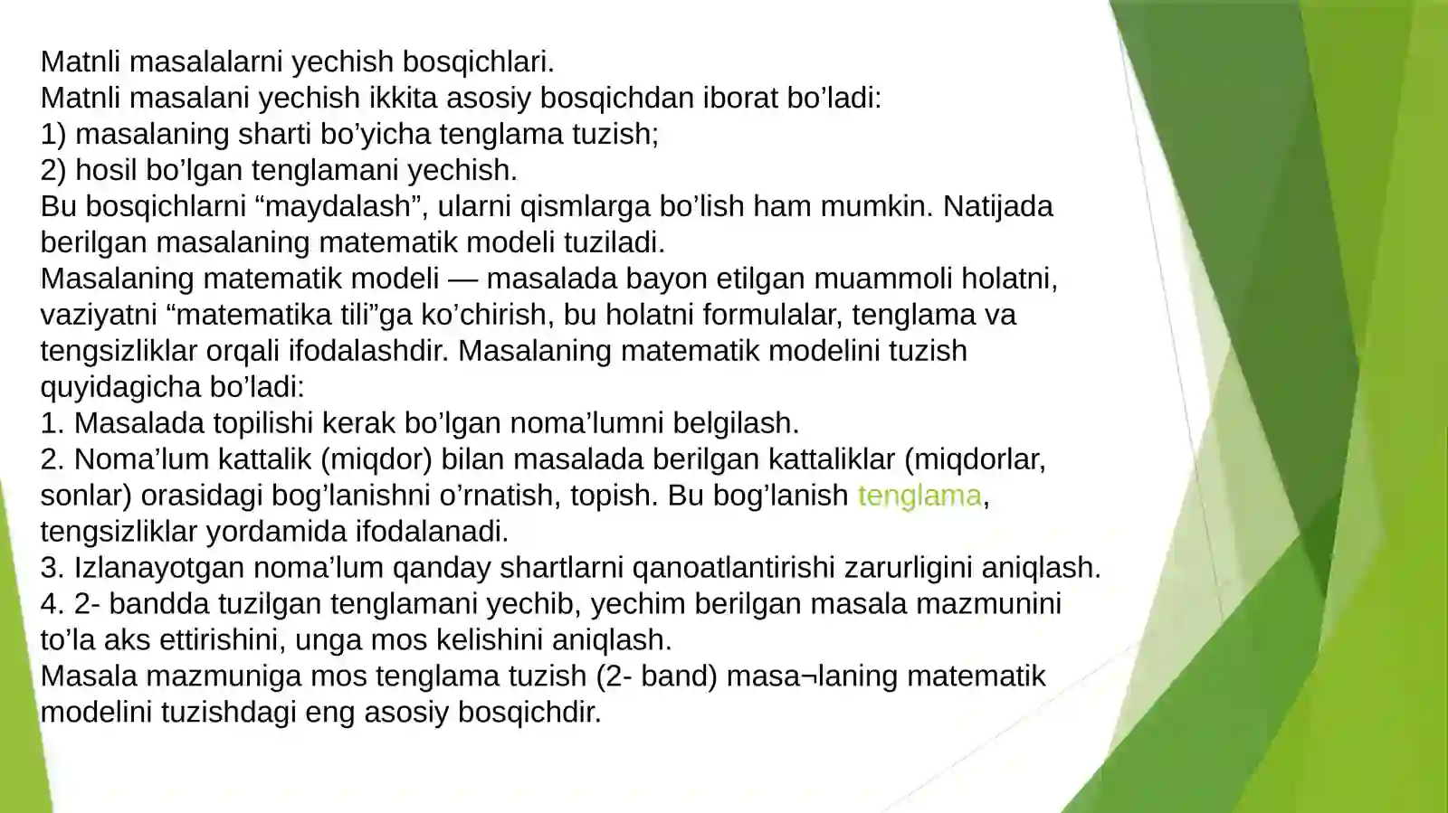 Matnli masalalar. Matnli masalalarni yechish metodlari 4