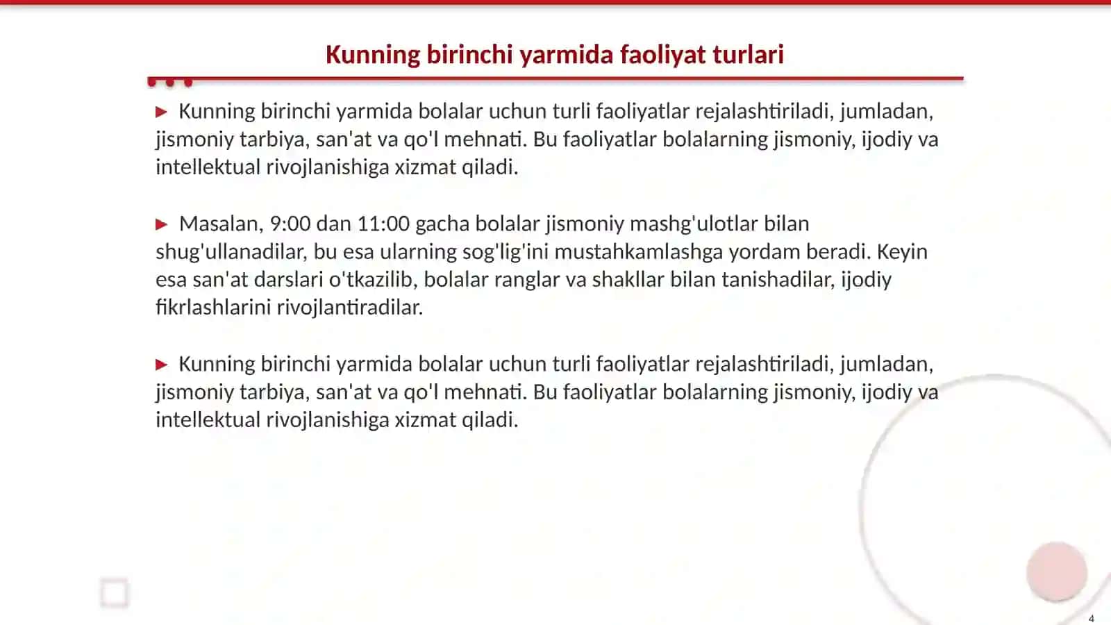 Maktabgacha taʼlim tashkilotida kunning birinchi va ikkinchi yarmida bolalar hayotini tashkil qilish 4