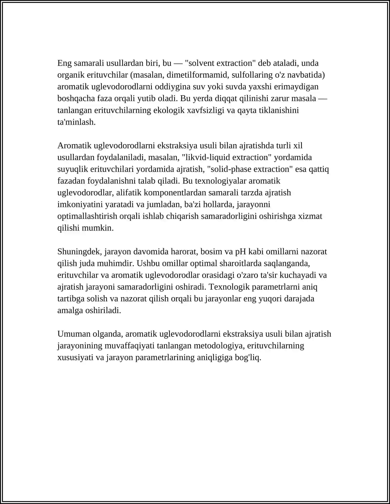 AROMATIK UGLEVODORODLARNI EKSTRUTSIYA USULI BILAN AJRATISH 4