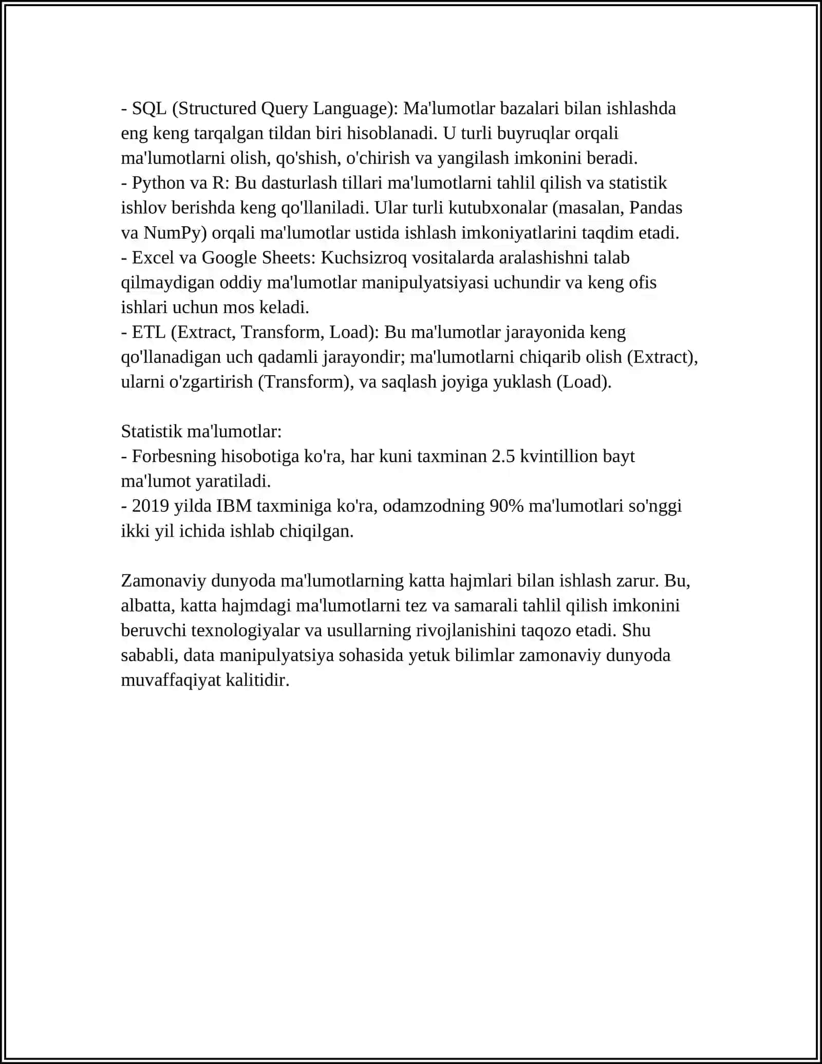 MA'LUMOTLAR MANIPULYASIYA QILISHDA ODDIY SO'ROVLAR YARATISH MAVZUSIDA REFERAT TAYYORLASH 4