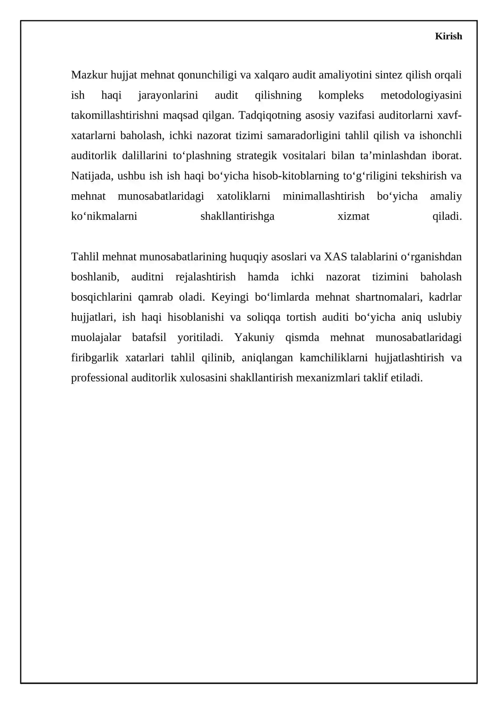 Mehmat haqi hisobi va to'lash jarayoni auditi: mehnat qonunchiligi va xalqaro audit standartlari 4