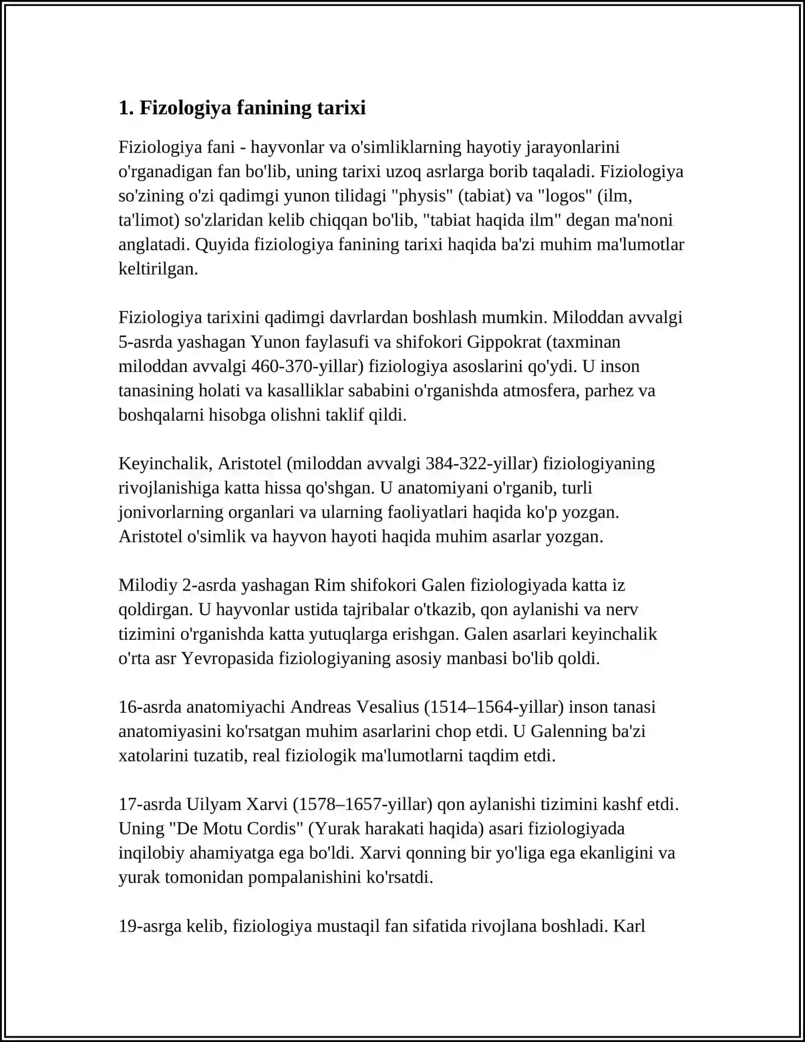 FIZIOLOGIYA FANI RIVOJLANISHI, TIBBIYOTDA AHAMIYATI, ASOSIY FIZOLOGIK TUSHUNCHALAR VA FIZOLOGIK TEKSHURUV USULLARI 4