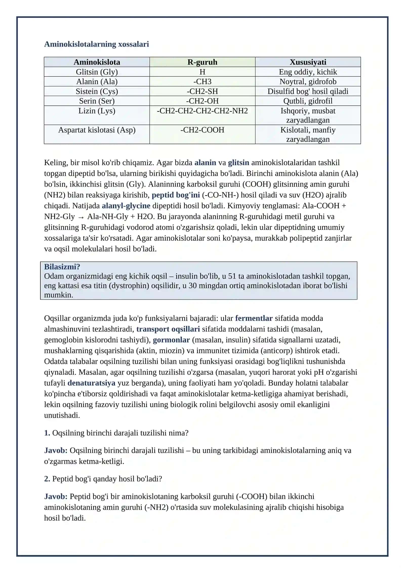 Lesson on Oqsillarning tarkibi funksiyasi.Aminokislotalar ularning fizik-kimyoviy xossalari. 4