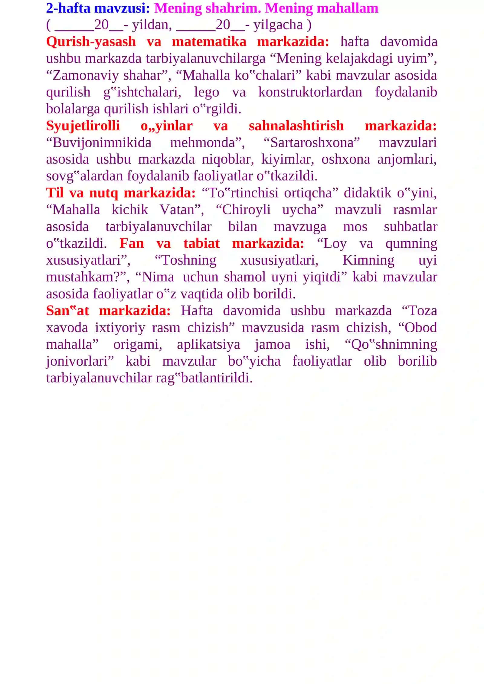 O‟zbekiston—mening Vatanim! 1-hafta mavzusi: Mening jonajon O‟zbekistonim 4