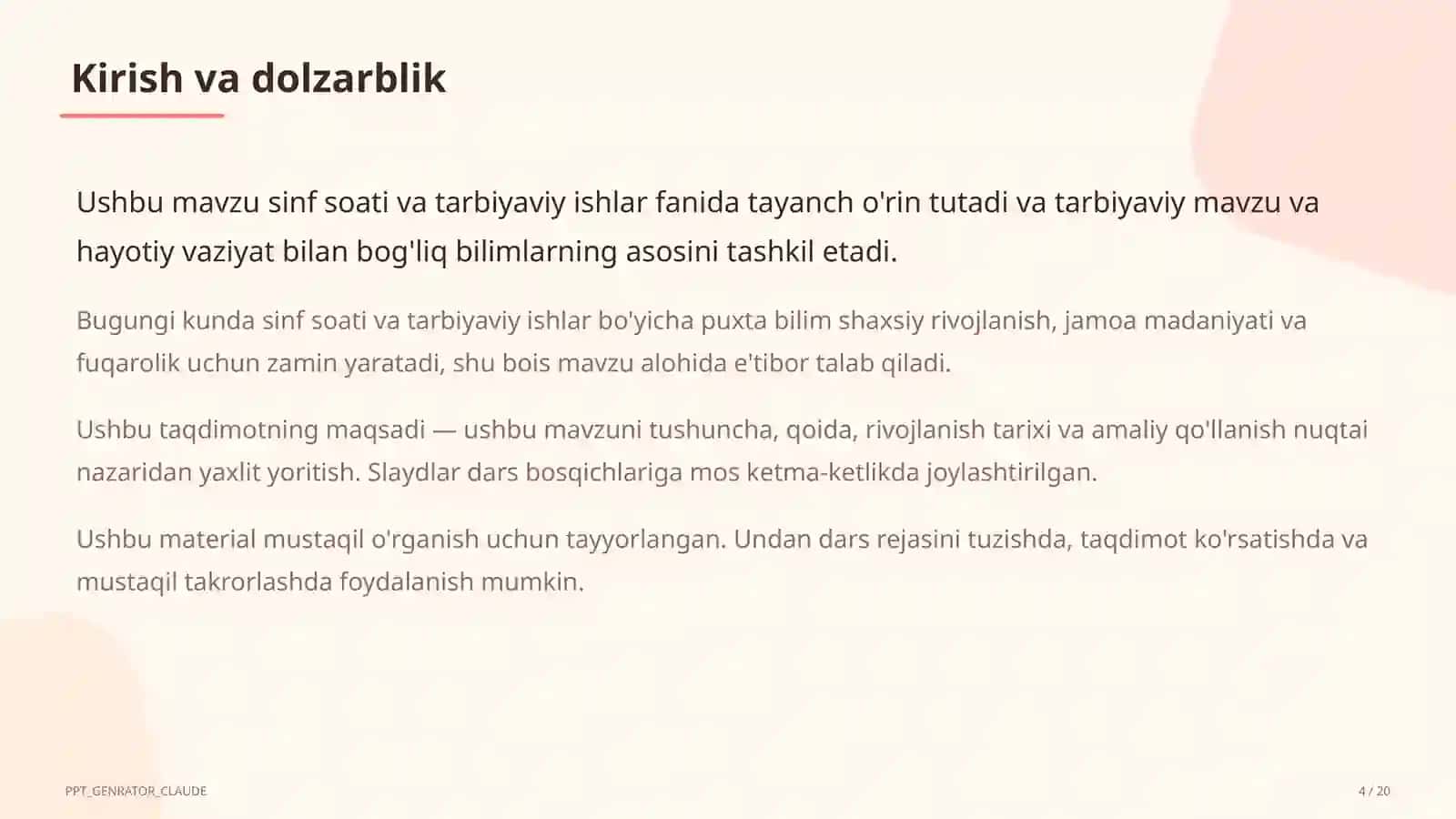 Sinf soati va tarbiyaviy tadbirlar (1– 4
