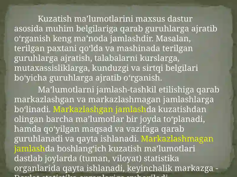 STATISTIK MA’LUMOTLARNI JAMLASH VA GURUHLASH 4