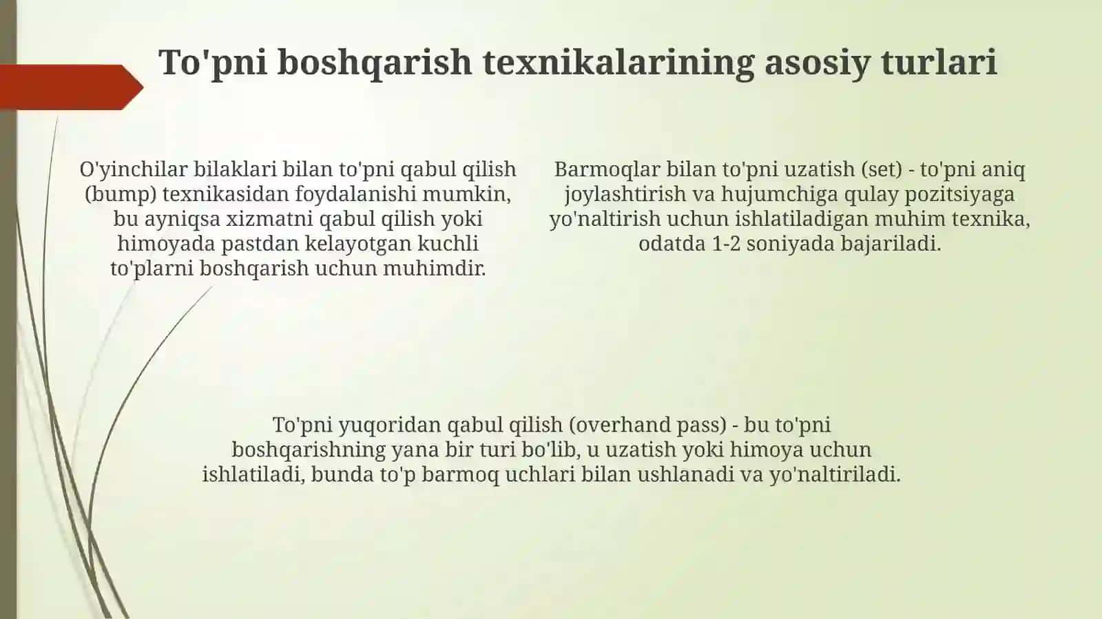 Volleybol oʻyinida toʻpni boshqarish texnikasini oʻrgatishni takomillashtirish va mahoratni oshirish 4