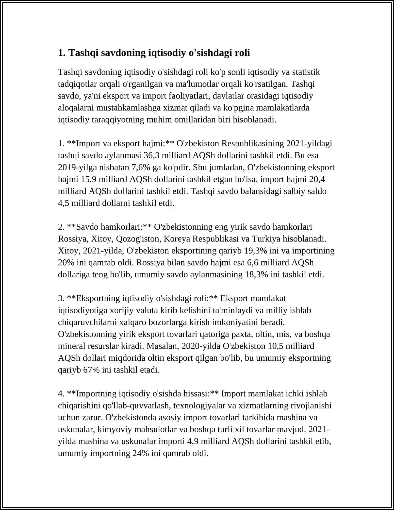 O'ZBEKISTON RESPUBLIKASINING JAHON IQTISODIYOTIGA INTEGRATSIYALASHUVIDA TASHQI SAVDONING TUTGAN O'RNI 4