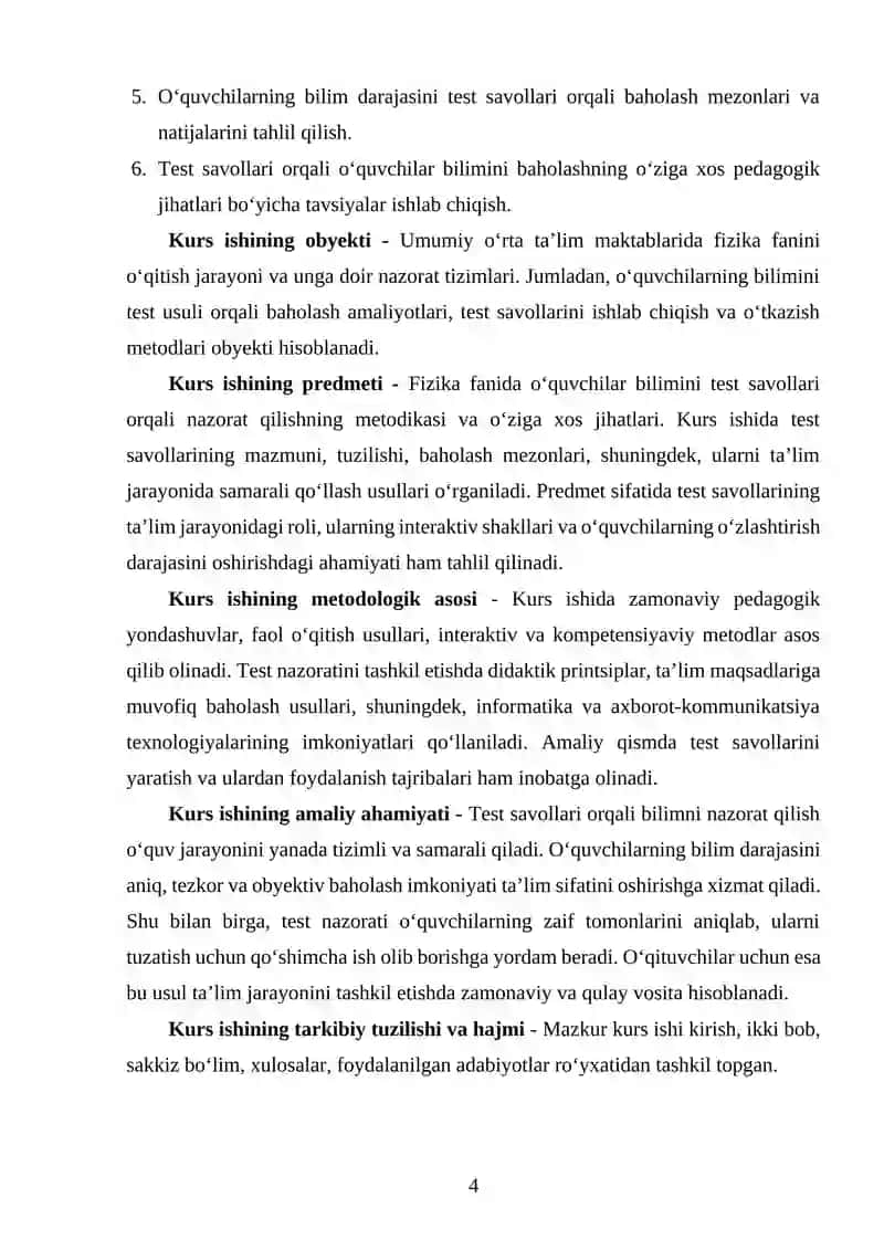 FIZIKA OQITISHDA O'QUVCHILAR BILIMINI TEST SAVOLLARI ORQALI NAZORAT QILISHNING OZIGA XOS JIHATLARI 4