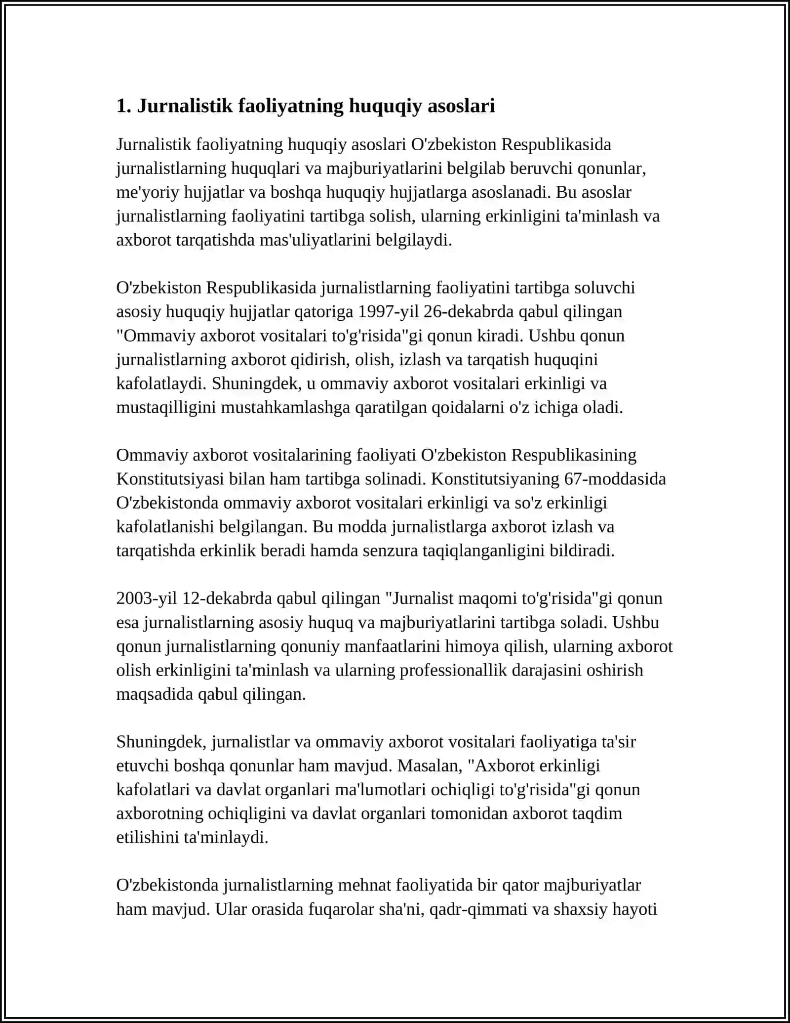 JURNALISTIK FAOLIYAT ERKINLIGI: XALQARO VA MILLIY HUQUQIY NORMALAR 4