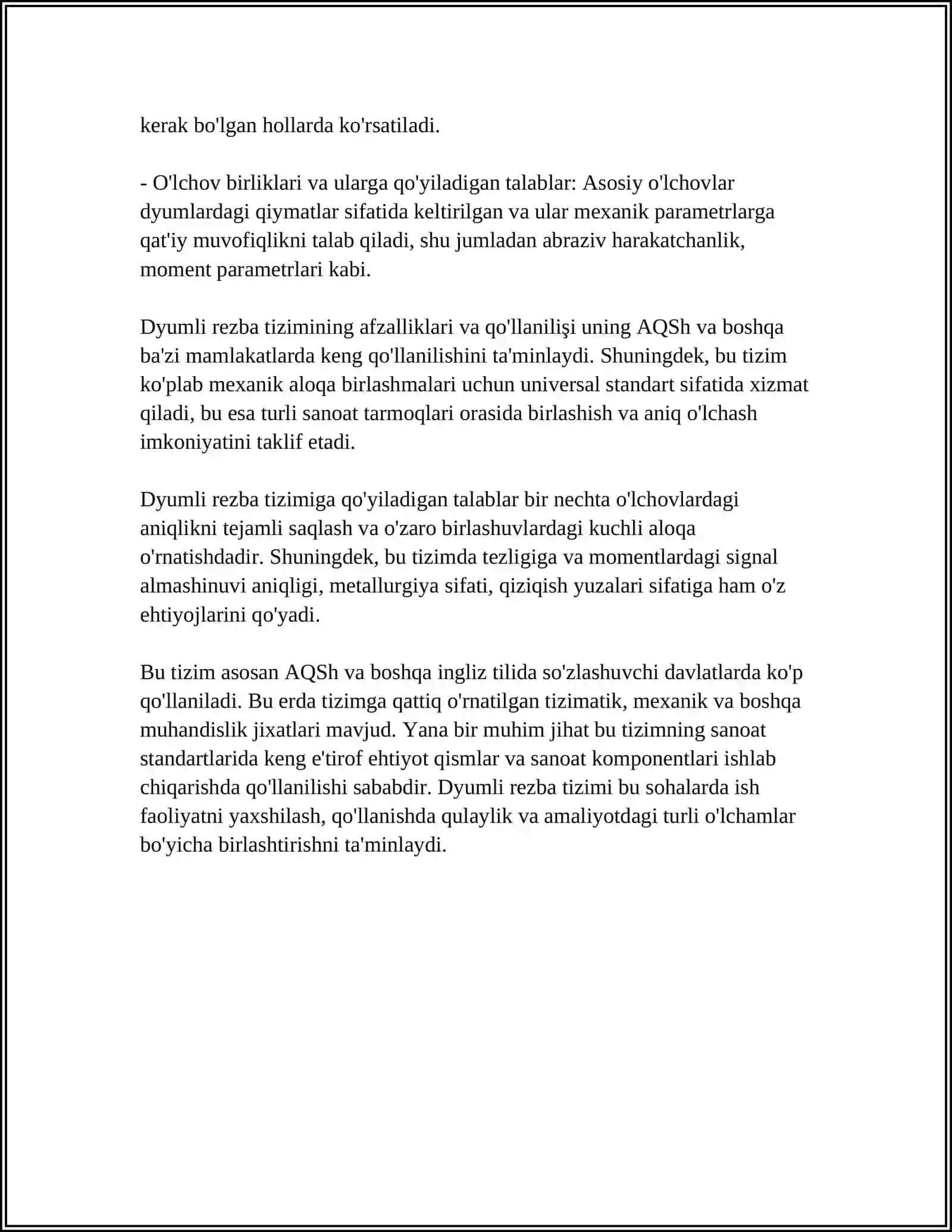 DYUMLI REZBA O'LCHAMLARIGA QO'YILADIGAN TALABLAR 4