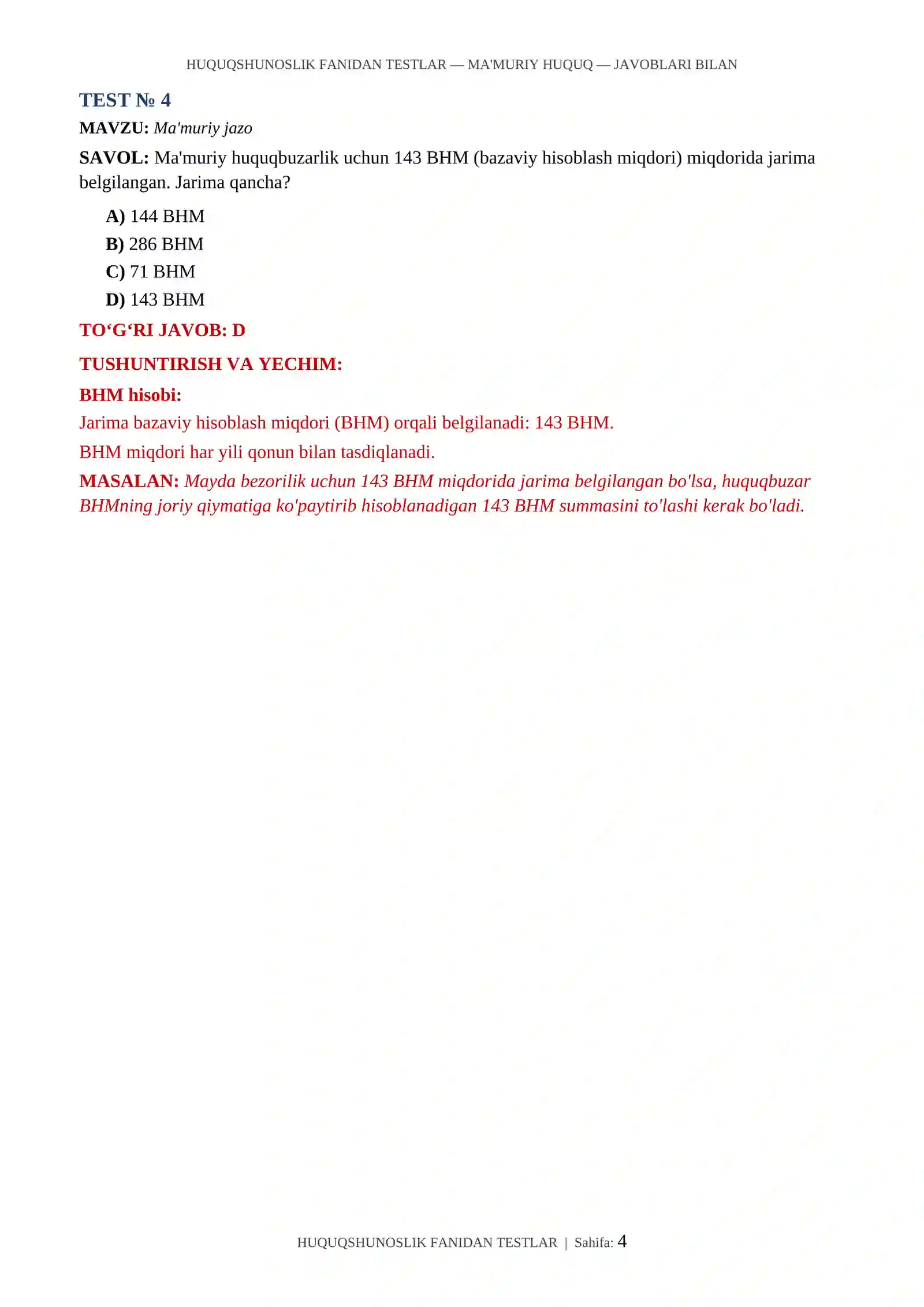 HUQUQSHUNOSLIK FANIDAN TESTLAR — MA'MURIY HUQUQ — JAVOBLARI BILAN 4