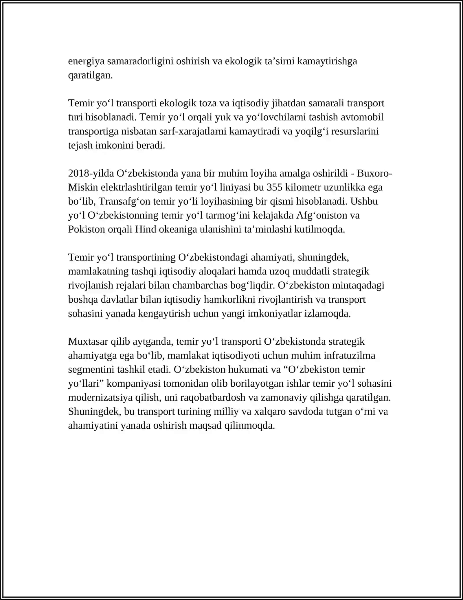 O‘ZBEKISTON RESPUBLIKASI TEMIR YO‘L QOIDASI, UNING YUK TASHISHDA TUTGAN O‘RNI 4