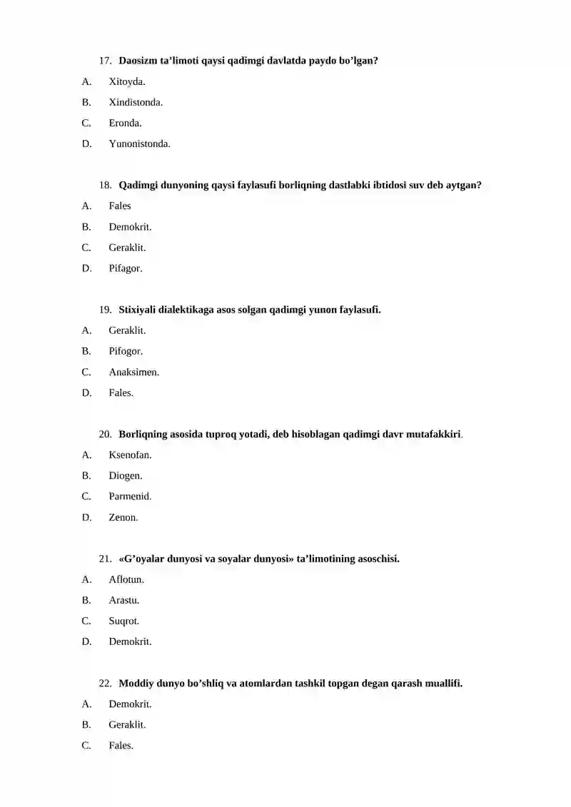 FALSAFADAN TEST SAVOLLARI 4