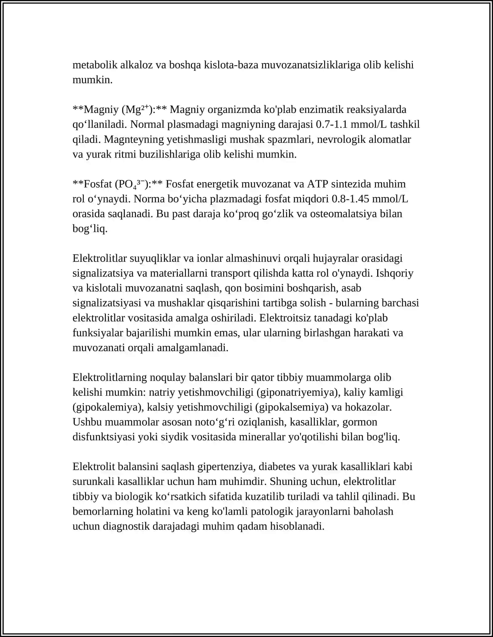 ORGANIZM BIOLIGIK SUYUQLIKLARI ELEKTROLIT VA NOELEKTROLIT ERITMALAR SIFATIDA 4