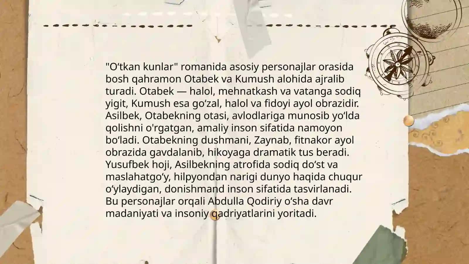 A.Qodiriyning “Oʻtkan kunlar”romani, “Uloqda” hikoyasi,“Kalvak Mahzumning xotira daftaridan”,“Toshpoʻlat tajang nima deydi” kabi hajviyalari tahlili 4