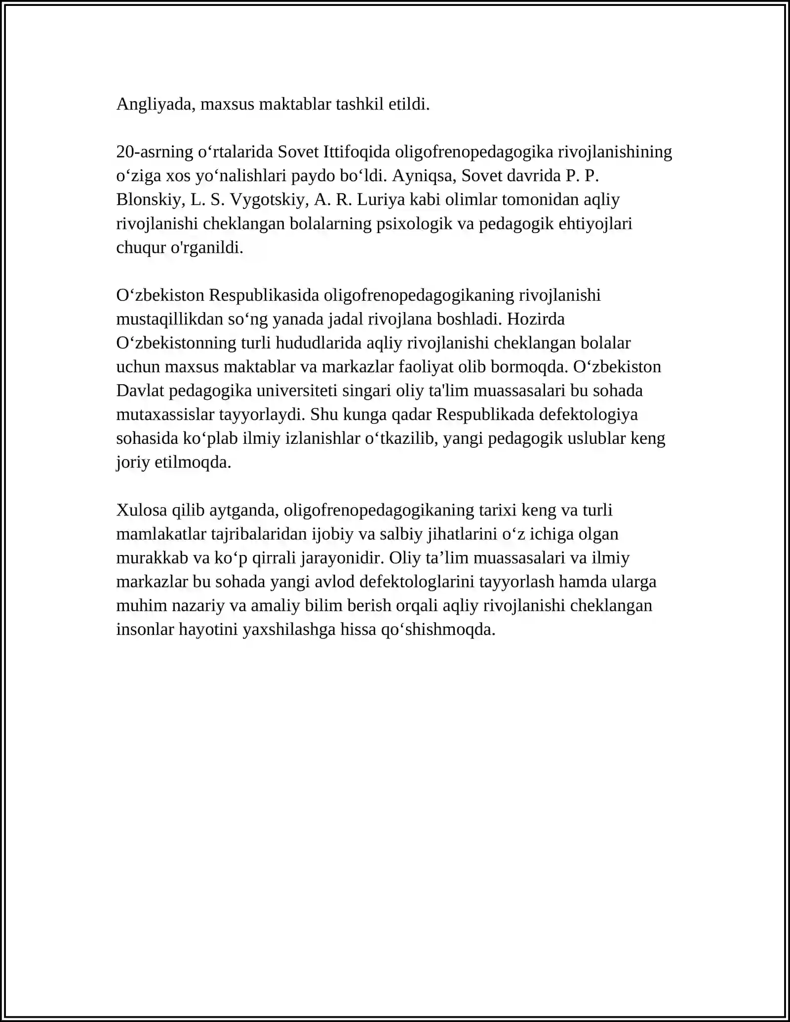 OLIGOFRENOPEDAGOGIKA: OLIGOFRENOPEDAGOGIKANING PREDMETI, MAQSAD VA VAZIFALARI 4