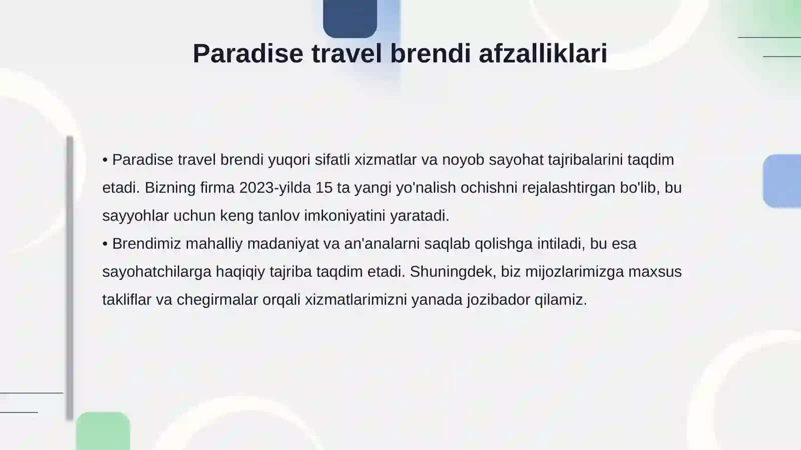 Paradise travel nomli tur firma ochish mavzusida 4