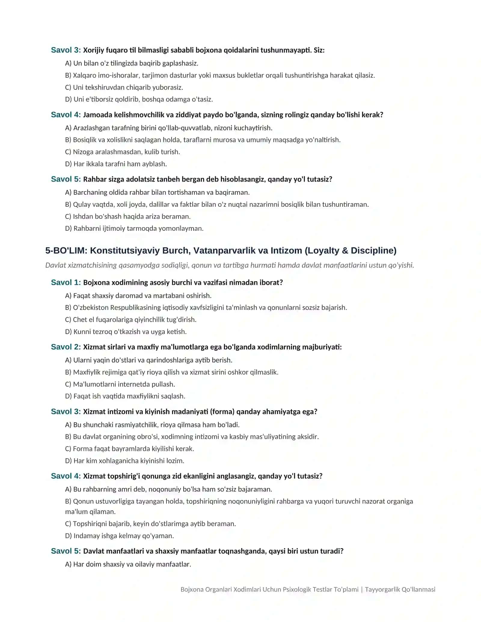 Bojxona xizmatiga ishga kirish uchun psixologik testlar to'plami va javoblari (1000 ta savol) 4
