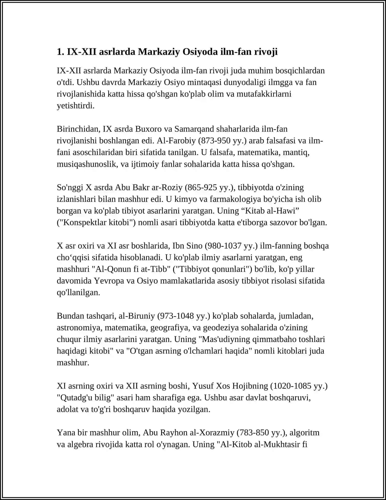 IX-XII ASRDA MAMLAKATIMIZ TERITORIYASIDA YUZ BERGAN MADANIY UYG'ONISH (RENESSANS) ULUG' ULOMOLARIMIZNING DUNYO CIVILIZACIYASIGA QO'SHGAN ULUSHI 4