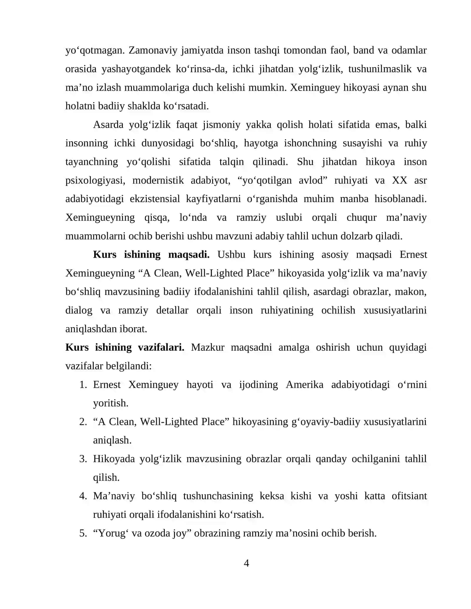 ERNEST XEMINGUEYNING “A CLEAN, WELL-LIGHTED PLACE” HIKOYASIDA YOLG‘IZLIK VA MA’NAVIY BO‘SHLIQ 4