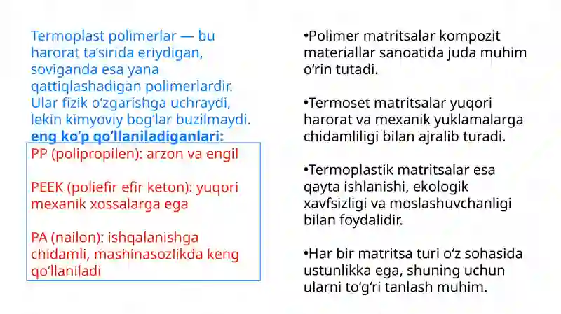 Polimer matritsalari. Termoset va termoplastik matritsalar 4