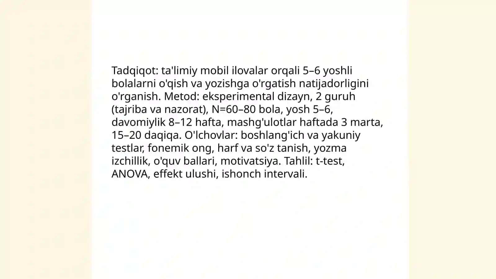 5-6 yoshli bolalarni savodxonlikka o'rgatish ta'limiy faoliyati jarayonida qo'llanilayotgan zamonaviy ta'lim texnologiyalarini tadbiq etish natijadorligi 4
