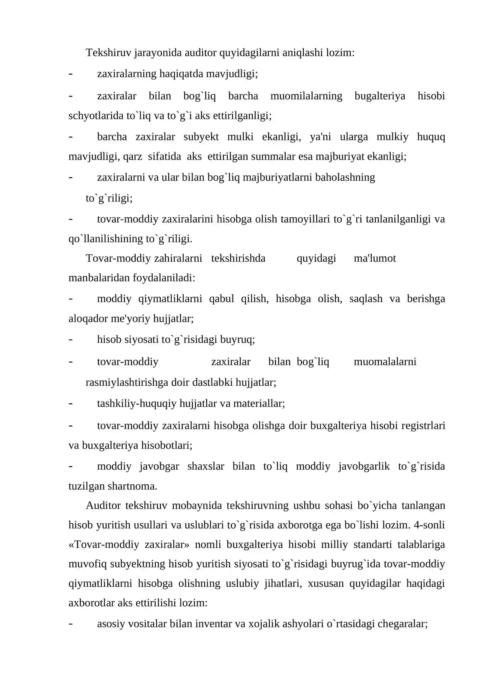 Tovar-moddiy zaxiralari auditining maqsadi, vazifalari, ma'lumot manbalari va tekshiruv o’tkazish tartibi 4