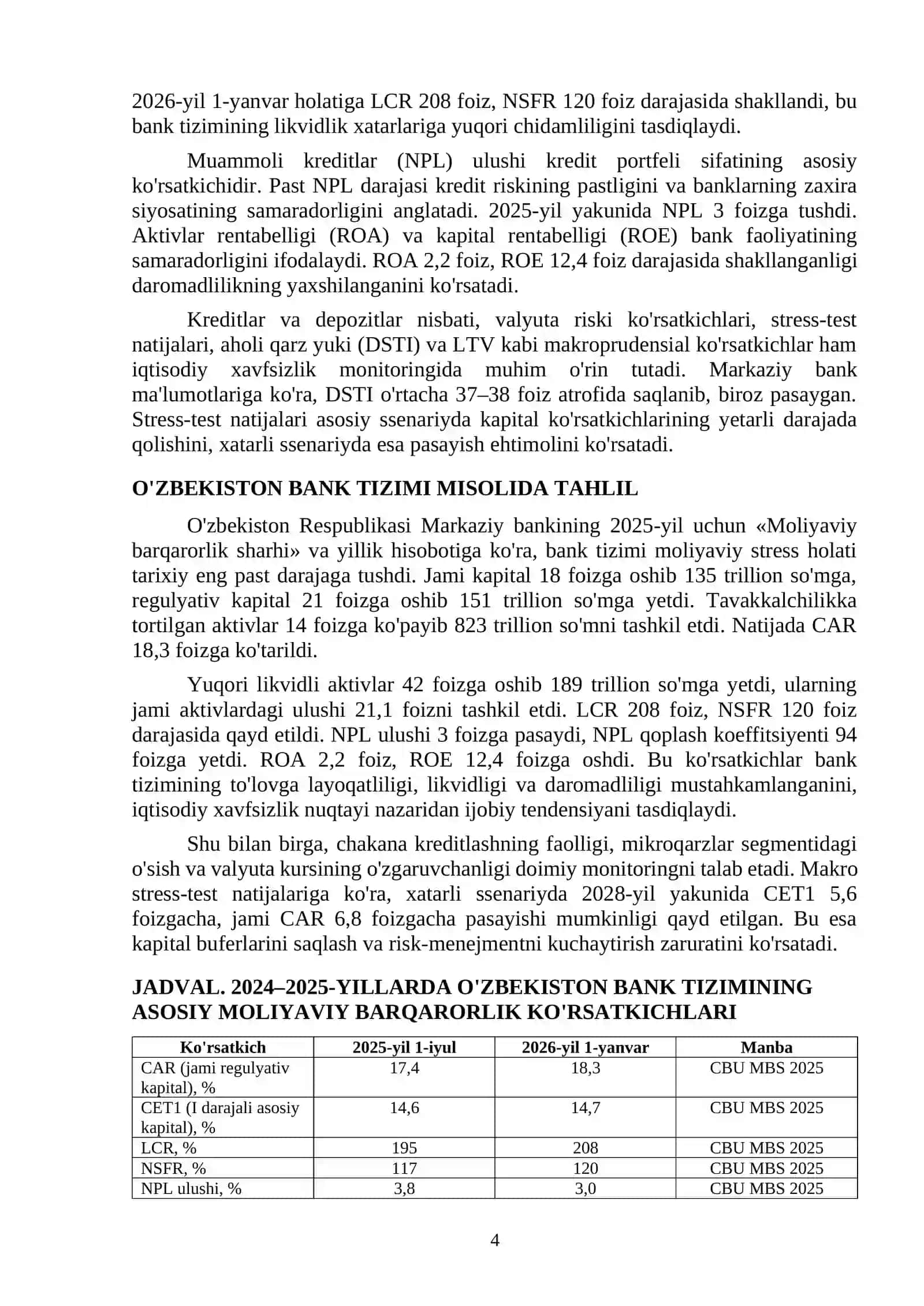 BANK TIZIMI MOLIYAVIY BARQARORLIGINI TA'MINLASHDA IQTISODIY XAVFSIZLIK KO'RSATKICHLARINING AHAMIYATI 4