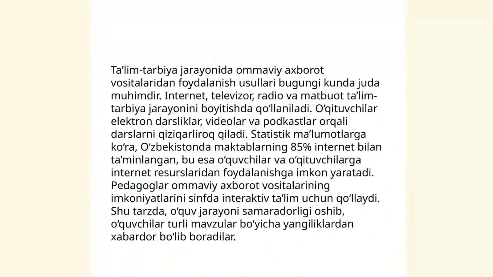 Ta’lim-Tarbiya Jarayonida Ommaviy Axborot Vositalaridan Foydalanishning Sifat va Samaradorligi 4