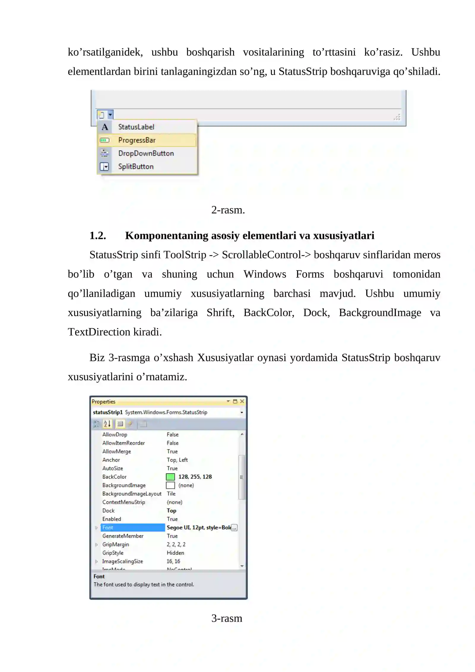 Visual Studio muhitida StatusStrip komponentasi va uning imkoniyatlari 4
