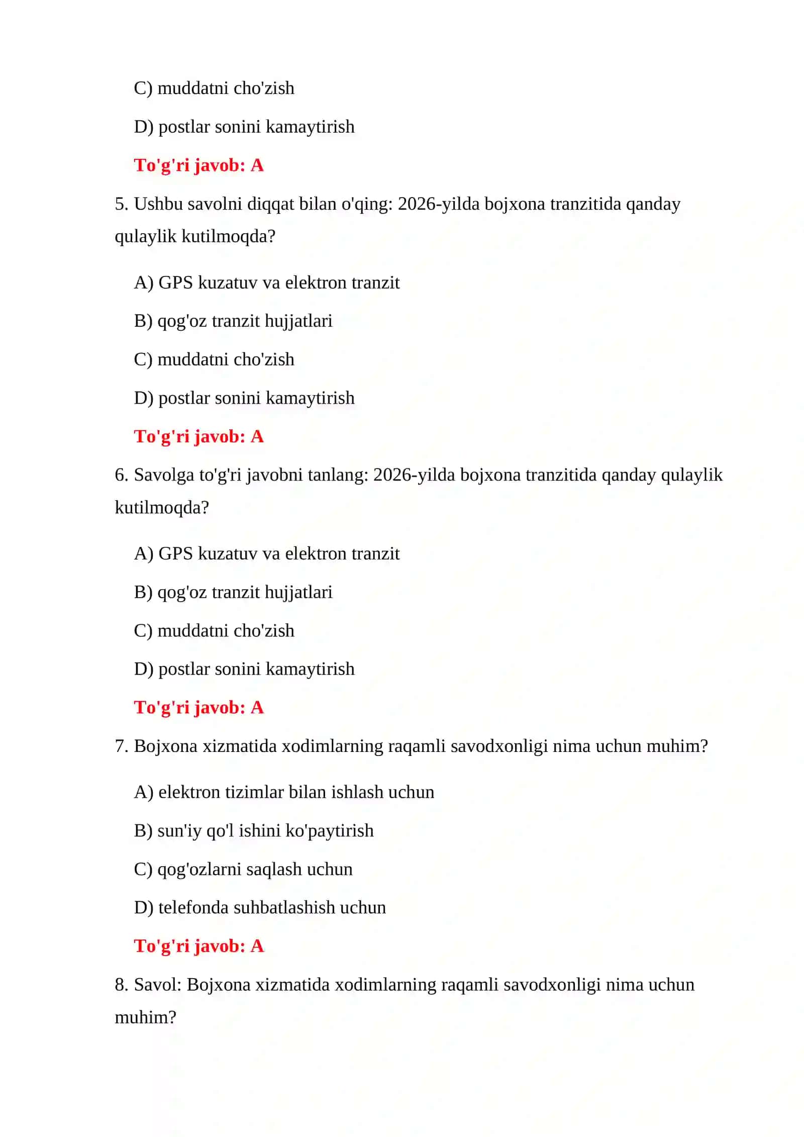 BOJXONA TESTLARI PDF 2026 4