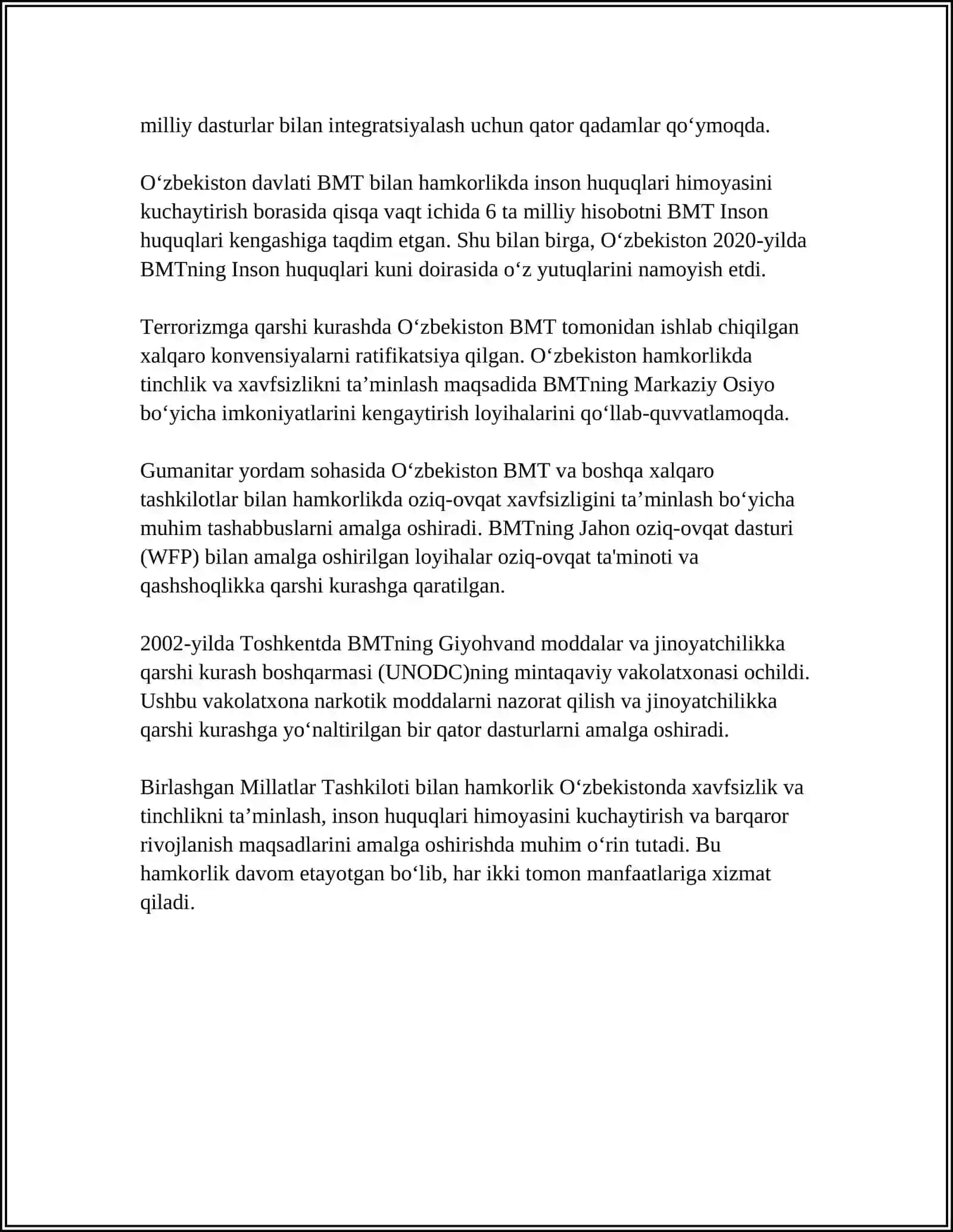 O‘zbekistonning Birlashgan Millatlar Tashkiloti bilan hamkorligi 4