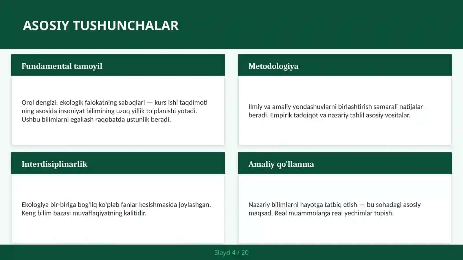 Orol dengizi: Ekologik falokatning saboqlari — kurs ishi taqdimoti 4