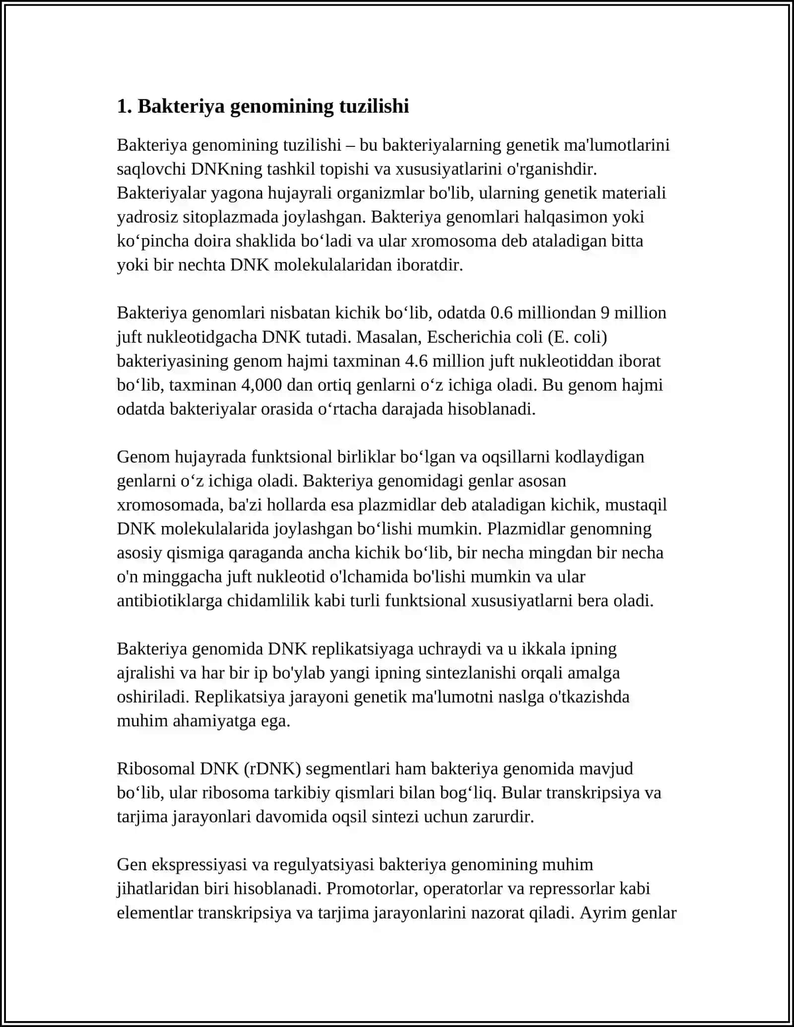 BAKTERIYA BIR HUJAYRALI EUKARIOT UMURTQASIZ VA UMURTQALI HAYVONLAR OʻSIMLIKLAR GENOMLARI TUZILISHI BIR-BIRIDAN FARQ QILUVCHI XUSUSIYATLARI 4