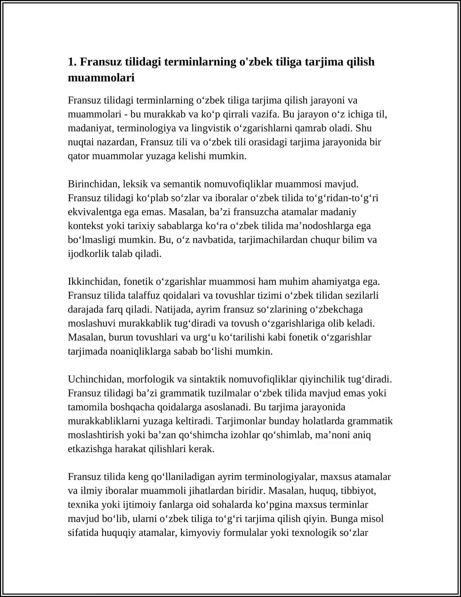 "ILMIY-TEXNIK TARJIMADAGI MUAMMO VA QIYINCHILIKLAR" (FRANSUZ TILI MISOLIDA BO'LSIN) 4
