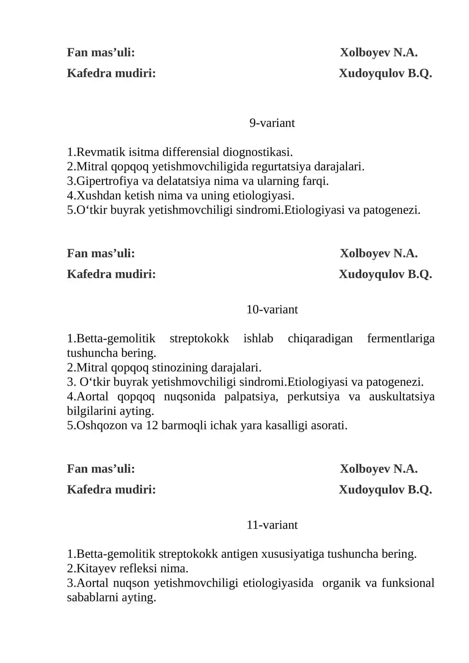 Ichki kasalliklari propedevtikasi fanidan oraliq nazorat savollari 4