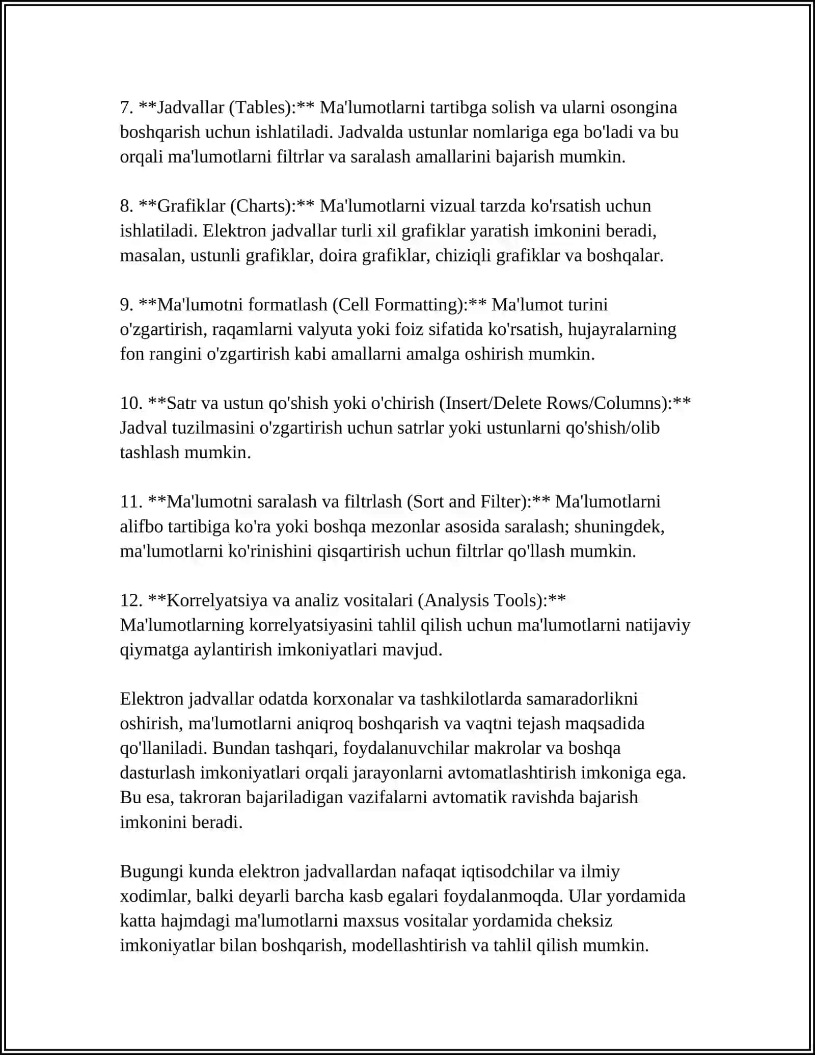 ELEKTIRON JADVALLAR BILAN ISHLASH SONLI MALUMOTLAR USTIDA ISHLASH 4