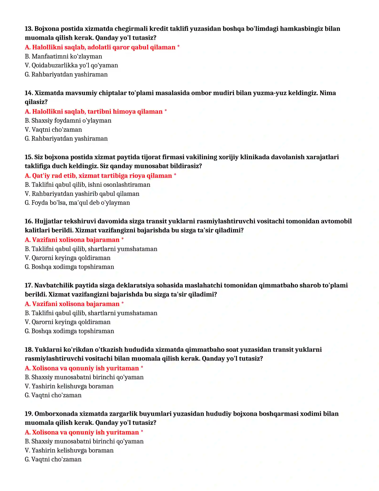 BOJXONA AKADEMIYASI - TEST SAVOLLARI (№ 21) 4
