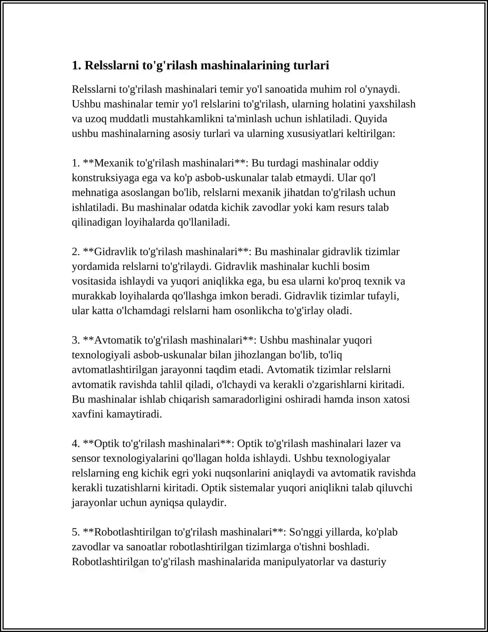 RELSLARNI TO'G'RILASH MASHINALARINI ISHLATISH VA TEXNIK XIZMAT KO'RSATISH ASOSLARI 4